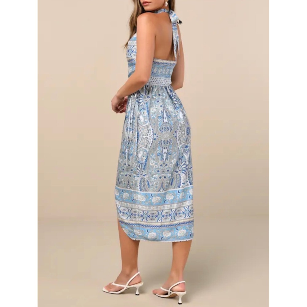Lulus Radina Blue Paisley Sleeveless Satin Halter Midi Dress Smocked Back S 2731